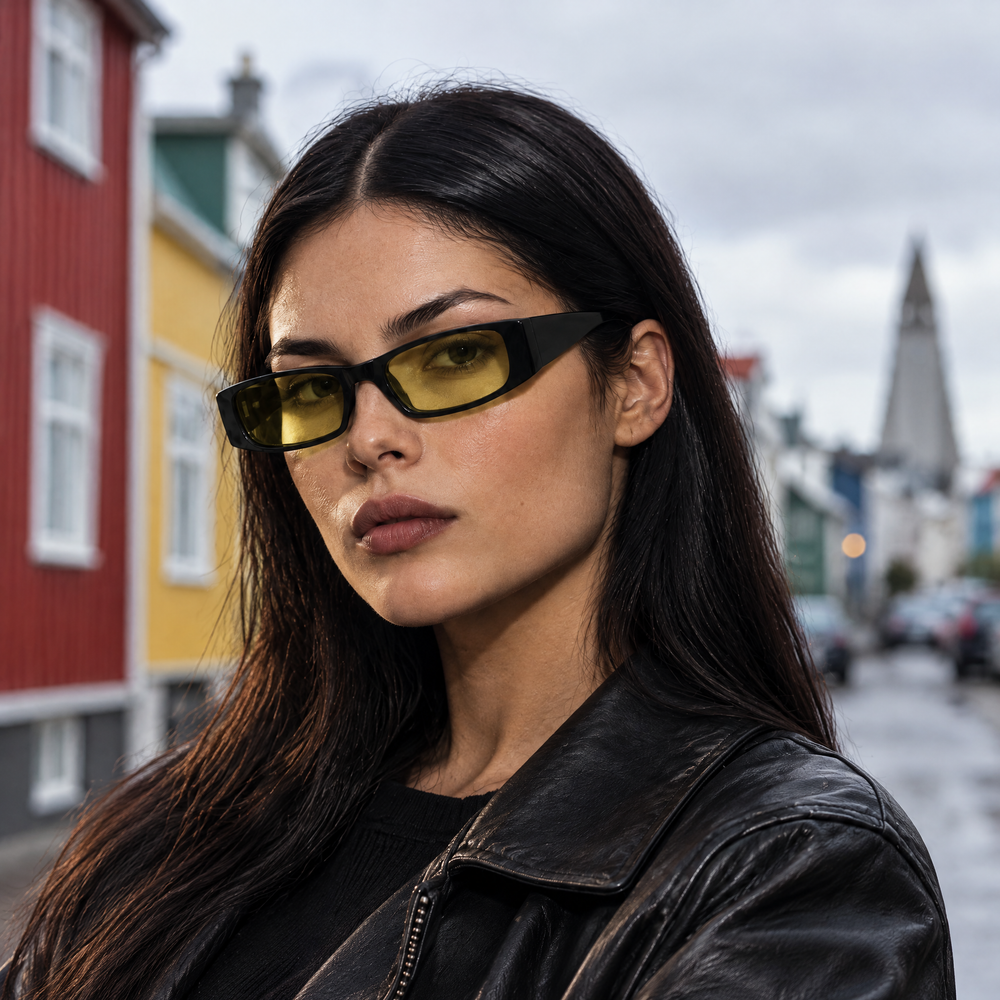 Fyrirsæta með DEEP REST Noir daggleraugu (mynd gerð með gervigreind)